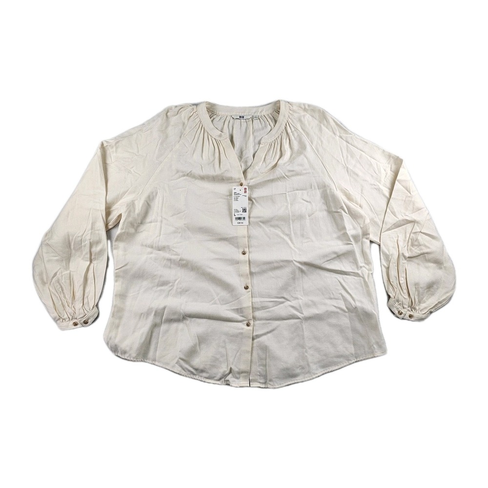 Uniqlo Soft Flannel Gathered Blouse Womens L Peasant Off White Cream Cottagecore - Picture 2 of 11